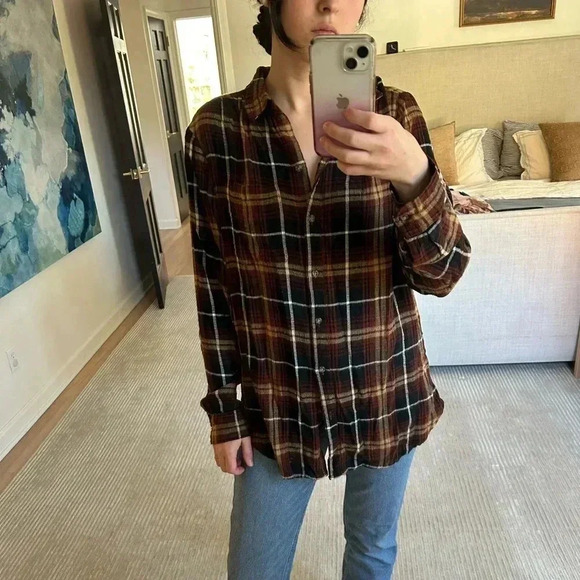 plaid rayon blend  brown flannell button down shirt tunic  size M - Picture 1 of 8